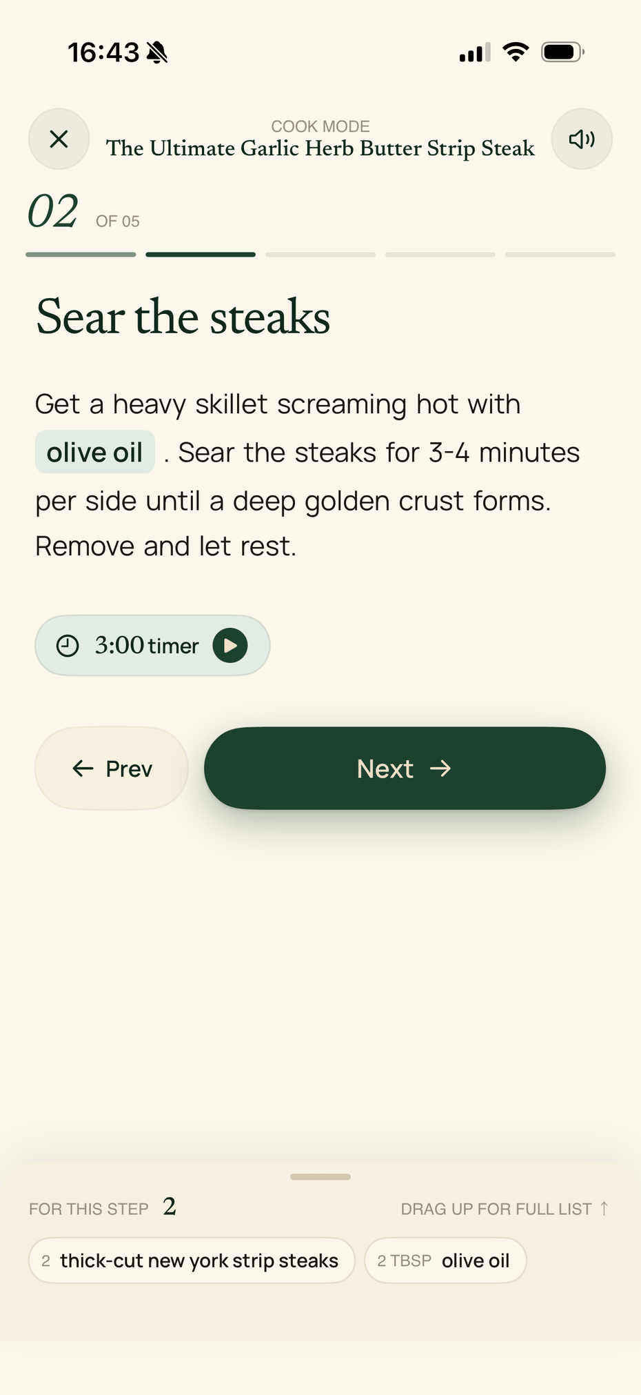 Instacook cook mode showing one large step with a pinned timer