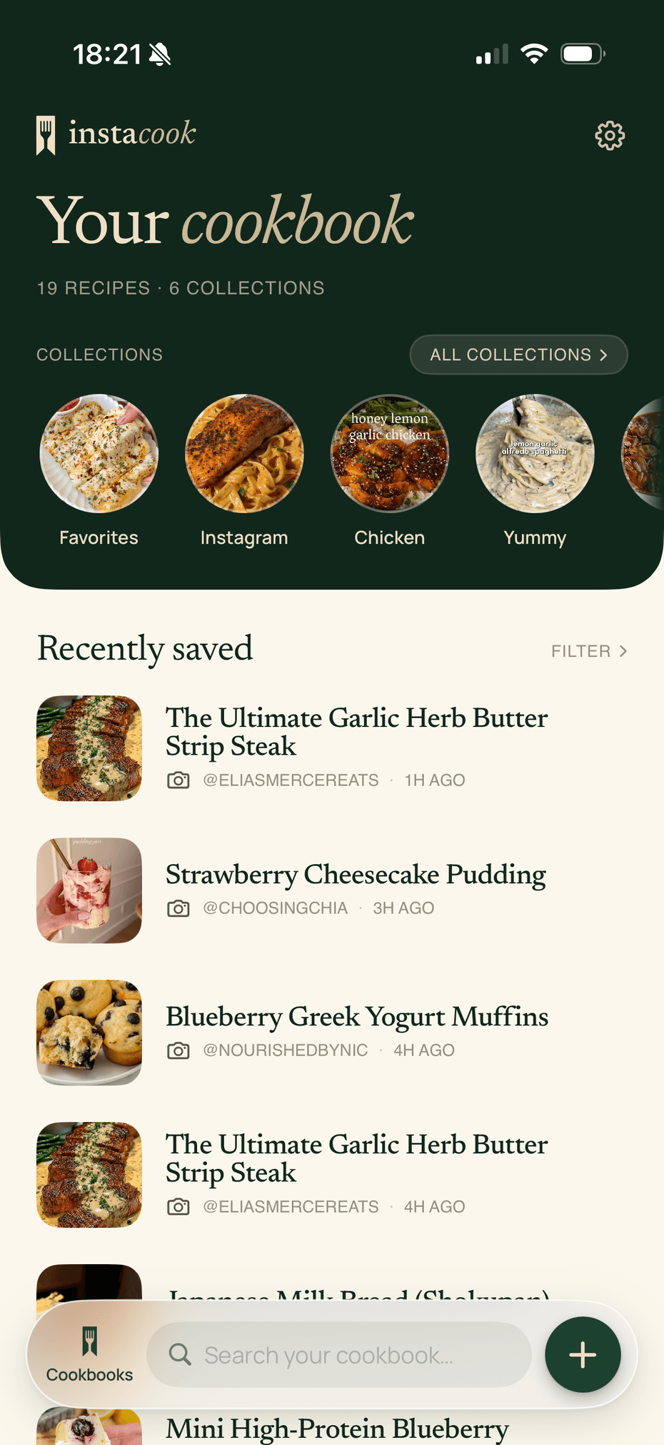 Instacook cookbook tab with saved recipes and collections