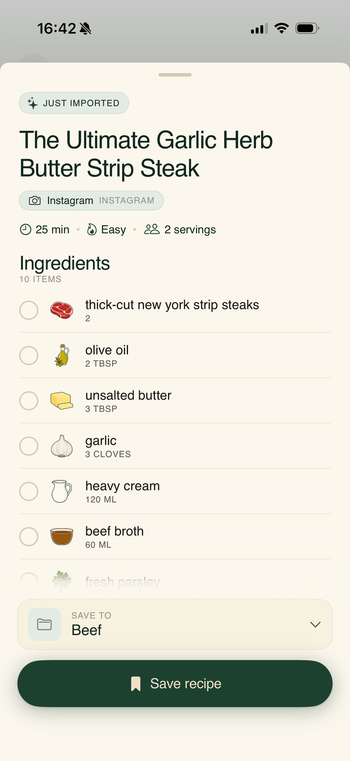 Instacook importing a recipe from a shared video