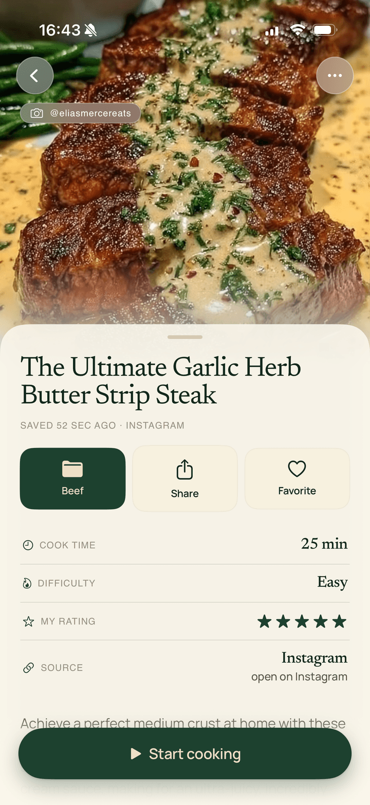 Finished recipe in Instacook with ingredients and steps